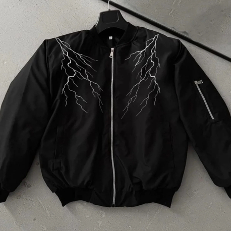 Siyah Şimşek Baskılı Unisex Bomber Ceket