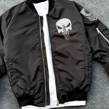 Siyah Punisher Baskılı Unisex Bomber Ceket