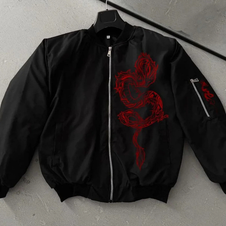 Siyah Ejderha Baskılı Unisex Bomber Ceket (Kırmızı)
