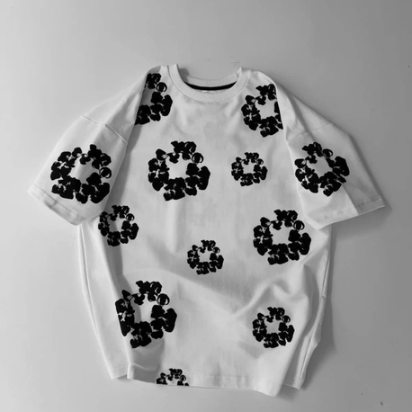 Denim Tears Ön ve Arka Baskılı Oversize Bisiklet Yaka T-shirt- Siyah,Beyaz  