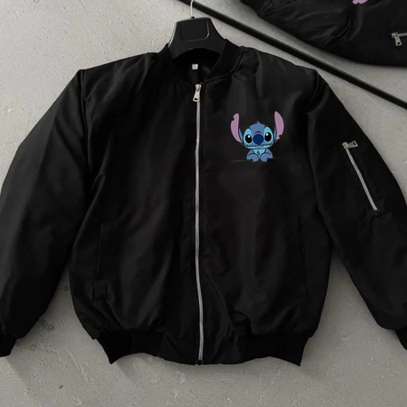 Siyah Stitch Baskılı Unisex Bomber Ceket