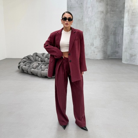Blazer Ceket Palazzo Pantolon Takım Bordo