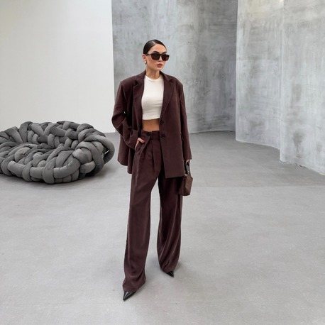 Blazer Ceket Palazzo Pantolon Takım Kahverengi