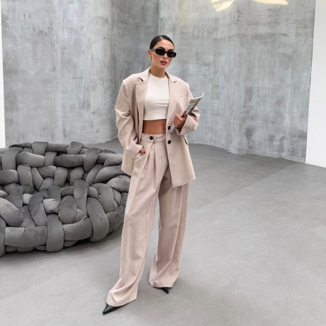 Blazer Ceket Palazzo Pantolon Takım Krem