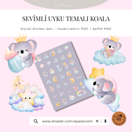 Sevimli Uyku Temalı Koala Dijital Sticker Seti – Yazdırılabilir PDF + Şeffaf PNG