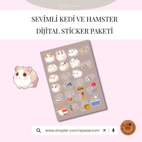 Sevimli Kedi ve Hamster Dijital Sticker Paketi – PDF + PNG 