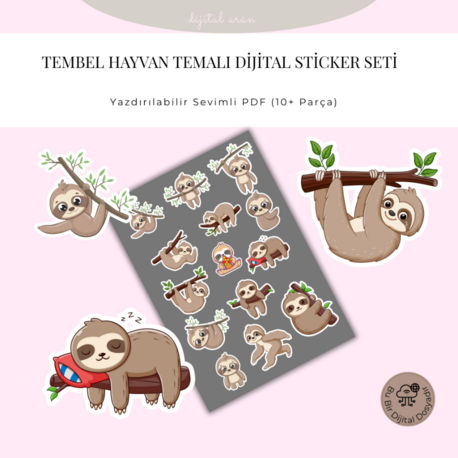 Tembel Hayvan Temalı Dijital Sticker Seti – Yazdırılabilir Sevimli PDF (10+ Parça)