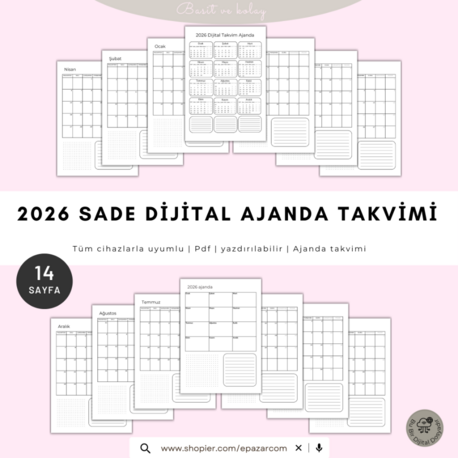 2026 Sade Dijital Ajanda Takvimi | Yazdırılabilir PDF | Minimal Planlayıcı