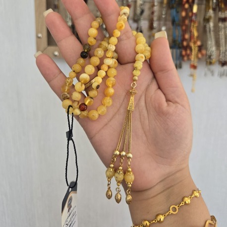 GÜMÜŞ PÜSKÜL KAYADAMLA KEHRİBAR TESBİH VE BİLEKLİK- ÖZEL KADİFE KUTU