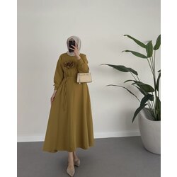 GÜL BROŞLU ELBİSE - YAĞ YEŞİLİ