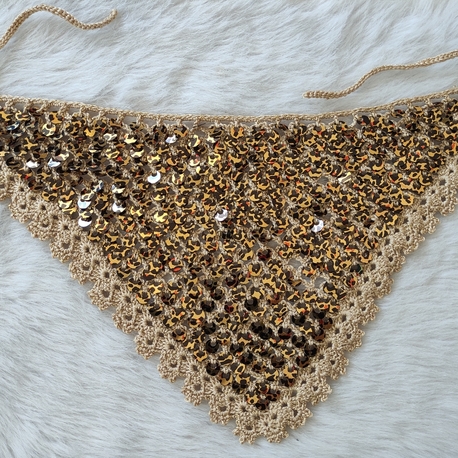 ​El Yapımı Gold Leopar Pullu Örgü Saç Bandanası - Bohem Tığ İşi Aksesuar