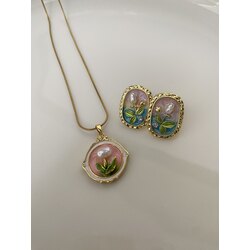 2’li Set Pembe İnci Çelik Kolye&Küpe