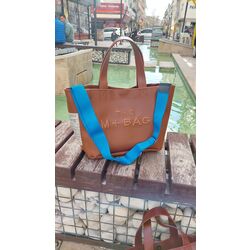 Totebag BONHEUR Taba Mavi askılı 