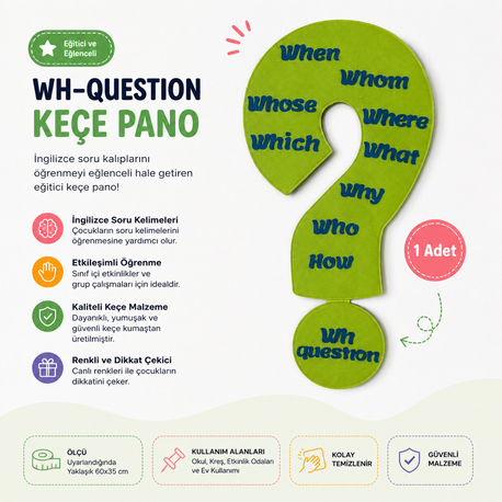 WH-Question Keçe Pano | İngilizce Soru Kelimeleri Eğitim Panosu