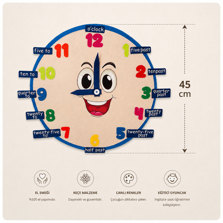 Keçe İngilizce Saat Panosu – 45 cm