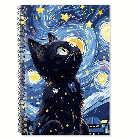 Yıldızlı Gökyüzü ve Siyah Kedi Spiral Defter
