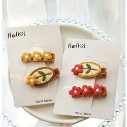 4 lü Paket Örgülü Kırmızı-Sarı  Çiçek Saç Tokası
