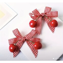 2 adet Sevimli Kiraz Saç Tokası - Gingham Deseni ,Kiraz Saç Aksesuarları