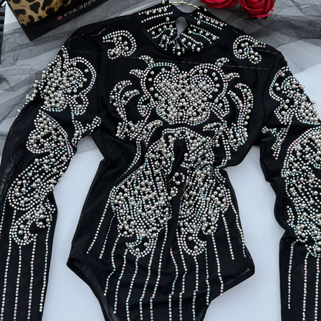 TAŞ İŞLEMELİ SİYAH TRANSPARAN BODYSUIT 