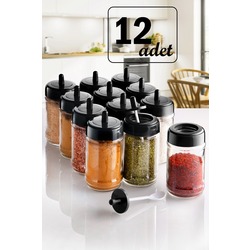 12 Adet Kapağı Kendinden Kaşıklı Baharatlık Seti - (300 ML) Cam Kavanoz