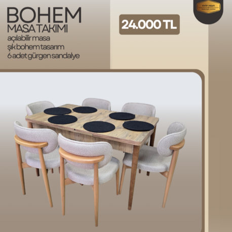 6 KİŞİLİK BOHEM BERRAK MASA TAKIMI