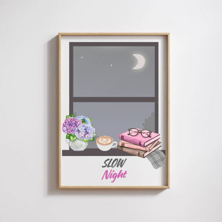 Slow Night Poster, Minimalist Gece Dekoru, Cozy Bedroom Wall Art, Yazdırılabilir Dijital Tablo