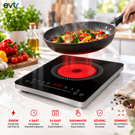 Yeni Nesil Tekli Elektrikli Ocak 2000W – 4 Saat Zamanlayıcı – 24 Saat Ön Ayar