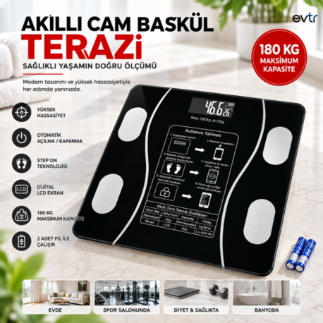 Akıllı Cam Dijital Baskül 180 KG Kapasiteli Bluetooth Bağlantılı