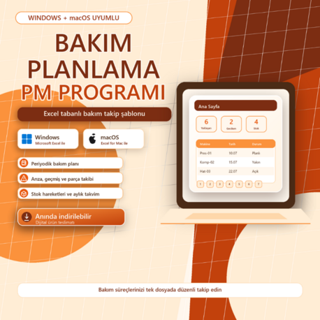 Bakım Planlama PM Programı | Excel Bakım Takip Şablonu | Windows ve macOS Uyumlu