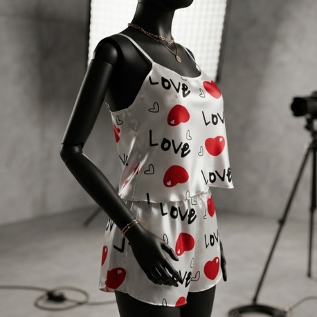 Love Desenli Beyaz Saten Şortlu Gecelik Takım EXVY1334