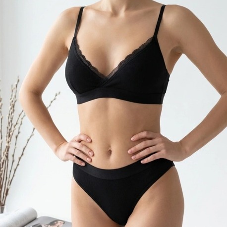  Kadın Siyah Fitilli Dantelli Bralet Takımı EXVY1473