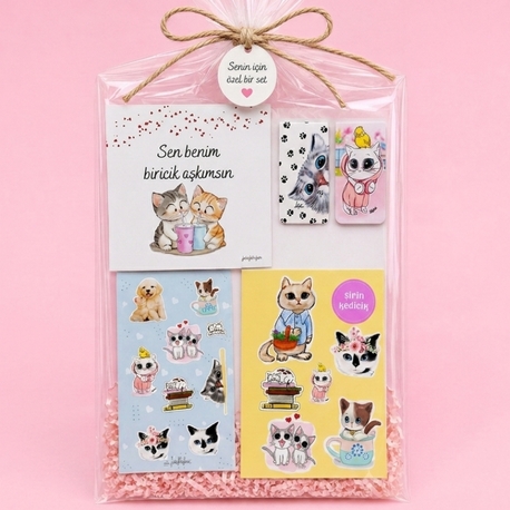 Şirin Kedicik Hediye Seti | Motto Kart + 2 Sticker Sayfası + 2'li Mıknatıslı Ayraç