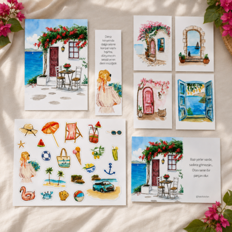 Yaz Koleksiyonu 4’lü Kartpostal Ayraç A5 Kart Sticker Seti – Yaz Temalı Hediyelik