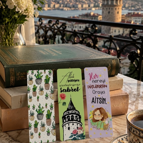 3 lü Kitap Ayracı Galata kulesi, kaktüslü