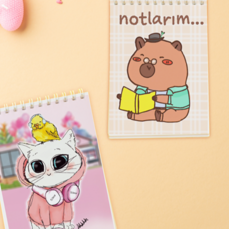 İkili Sevimli Mini Defter Seti – Çizgisiz 44 Sayfa | Şirin Kedi ve Capybara Temalı Not Defteri