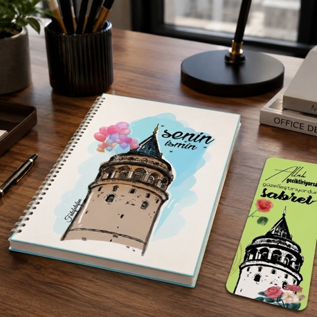 İsme özel Galata çizimli baskı defter ve ayraç 