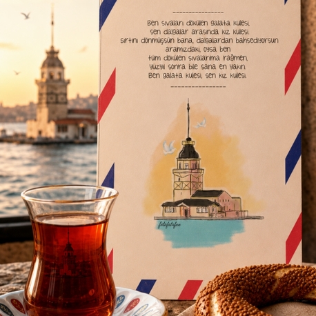 Kız Kulesi Çizimli Kartpostal 