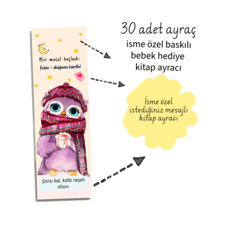 Kişiye Özel İsimli Bebek Kitap Ayracı – 30 Adet Hediyelik Baby Shower 