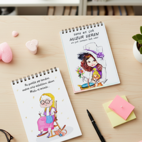 Kawaii Çizimli İkili Notluk Defter Seti - Hediyelik Okul Ofis Defteri