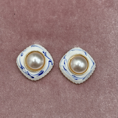 Kadın İnci Detaylı Mavi Desenli Vintage Küpe