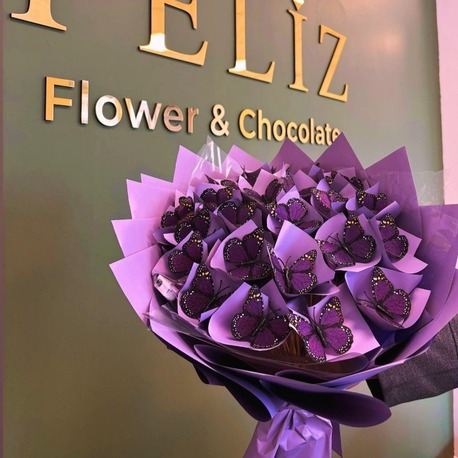 Feliz Flower Studio Mavi Led Işıklı Premium Mor Kelebek Buketi