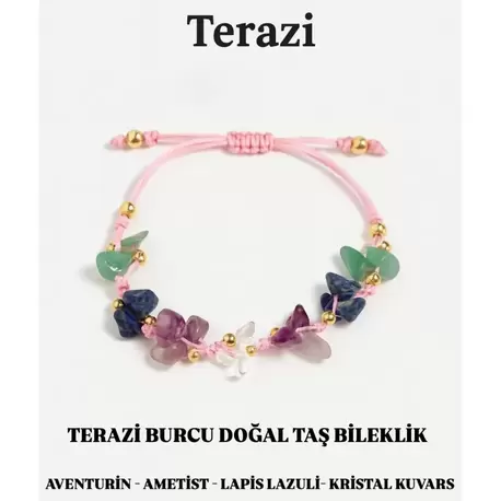 Terazi Burcu Gerçek Doğal Taş Örme Bileklik - Aventurin, Lapis Lazuli, Ametist, Kristal Kuvars