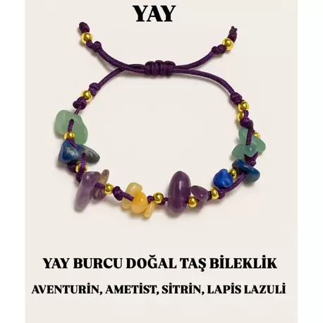 Yay Burcu Gerçek Doğal Taş Örme Bileklik - Ametist, Sitrin, Lapis Lazuli, Aventurin