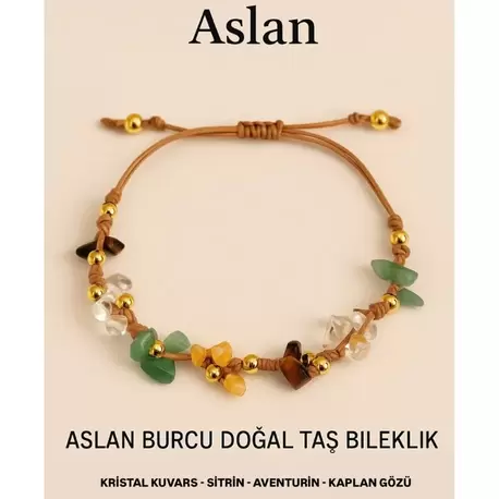 Aslan Burcu Gerçek Doğal Taş Örme Bileklik – Sitrin, Aventurin, Kristal Kuvars, Kaplan Gözü