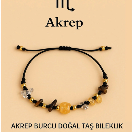 Akrep Burcu Gerçek Doğal Taş Örme Bileklik - Sitrin, Ametist, Kristal Kuvars, Kaplan gözü