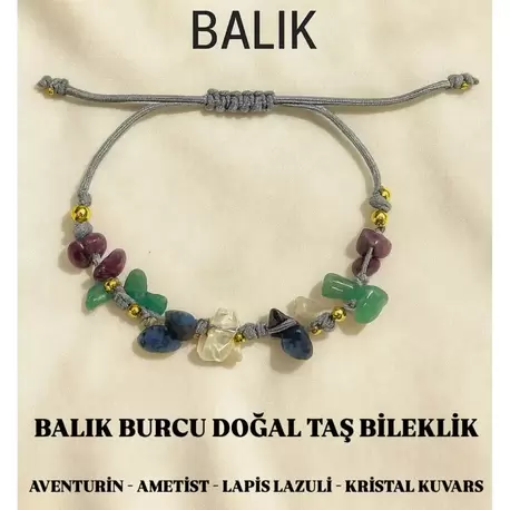 Balık Burcu Gerçek Doğal Taş Örme Bileklik - Aventurin, Ametist, Lapis Lazuli, K Kuvars