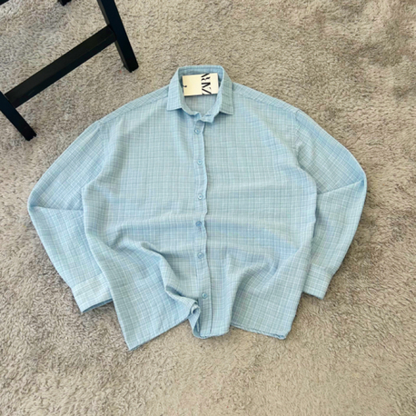 Zara Ekoseli Yazlık Keten Oversize Gömlek | Bebe Mavisi
