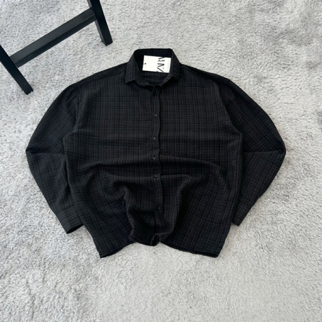 Zara Ekoseli Yazlık Keten Oversize Gömlek | Siyah