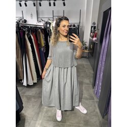 Gri File Detay Keten Elbise 