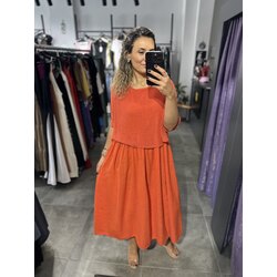 Turuncu File Detay Keten Elbise 